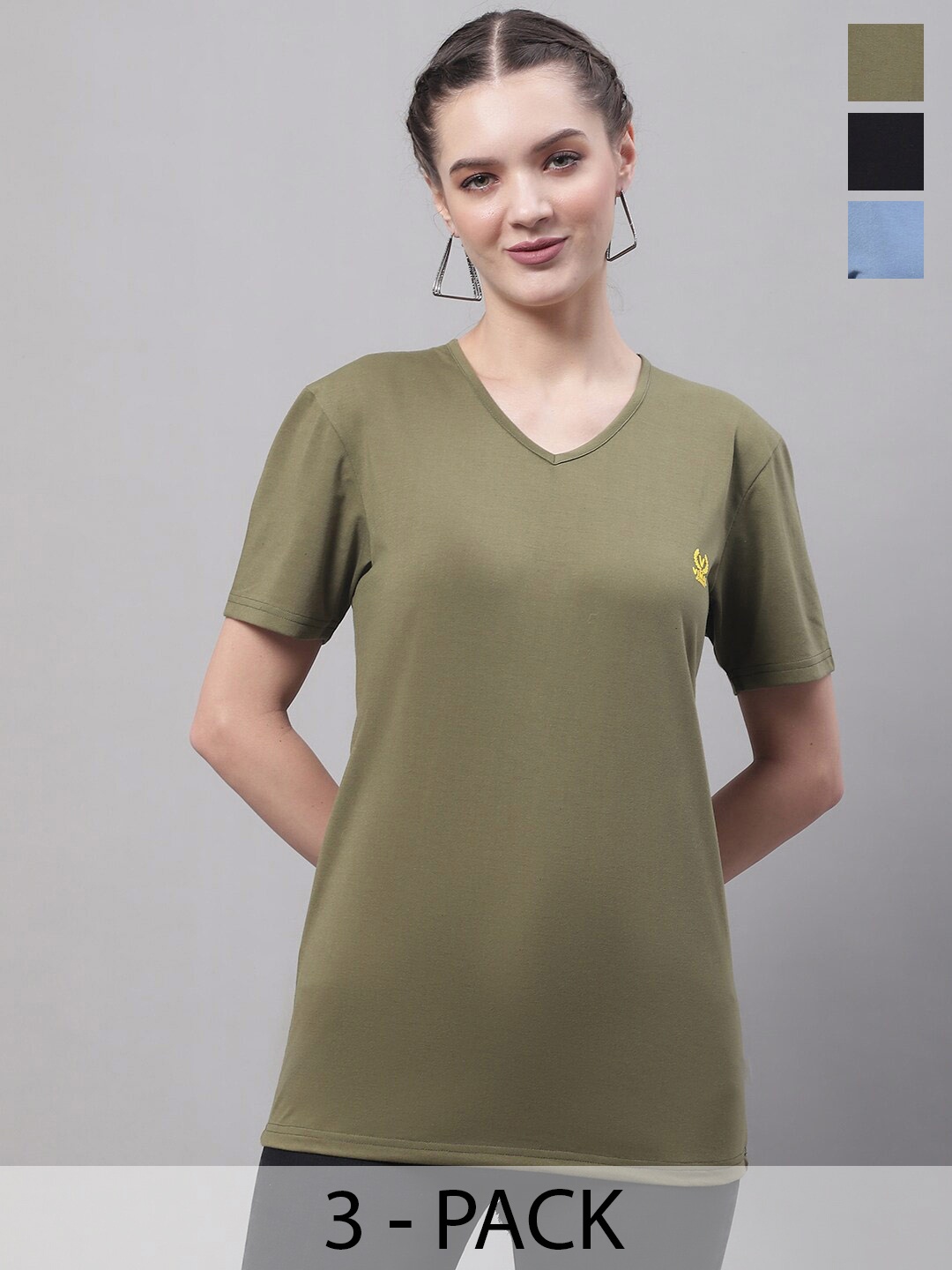 

MACK JONNEY Pack Of 3 V-Neck Short Sleeves Cotton T-shirts, Olive