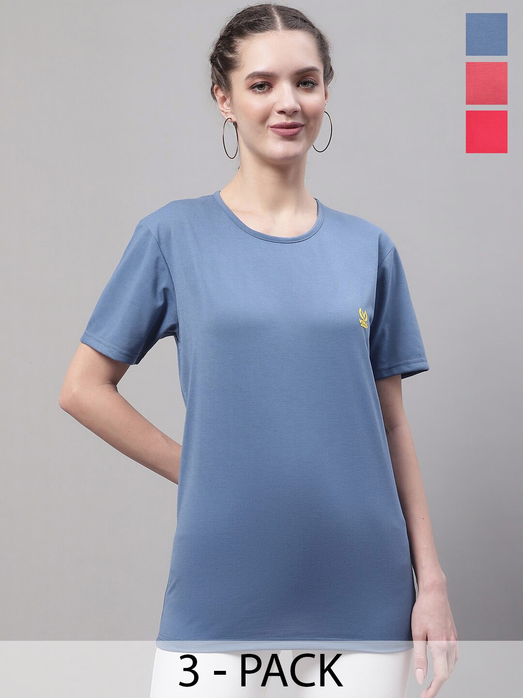 

VIMAL JONNEY Blue Pack Of 3 Round Neck Short Sleeves Cotton T-shirt