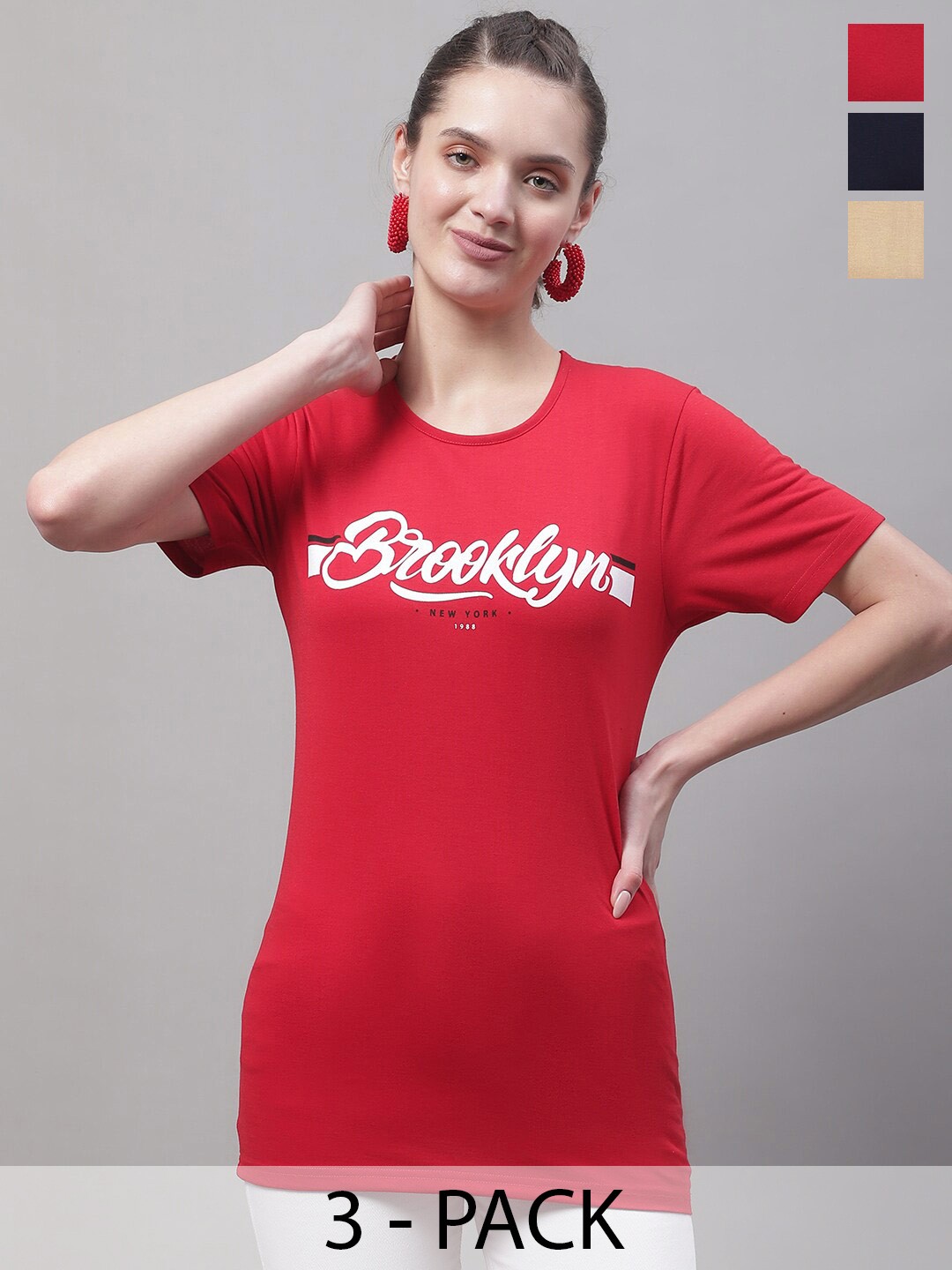

MACK JONNEY Pack Of 3 Printed Drop-Shoulder Sleeves Cotton T-shirts, Red