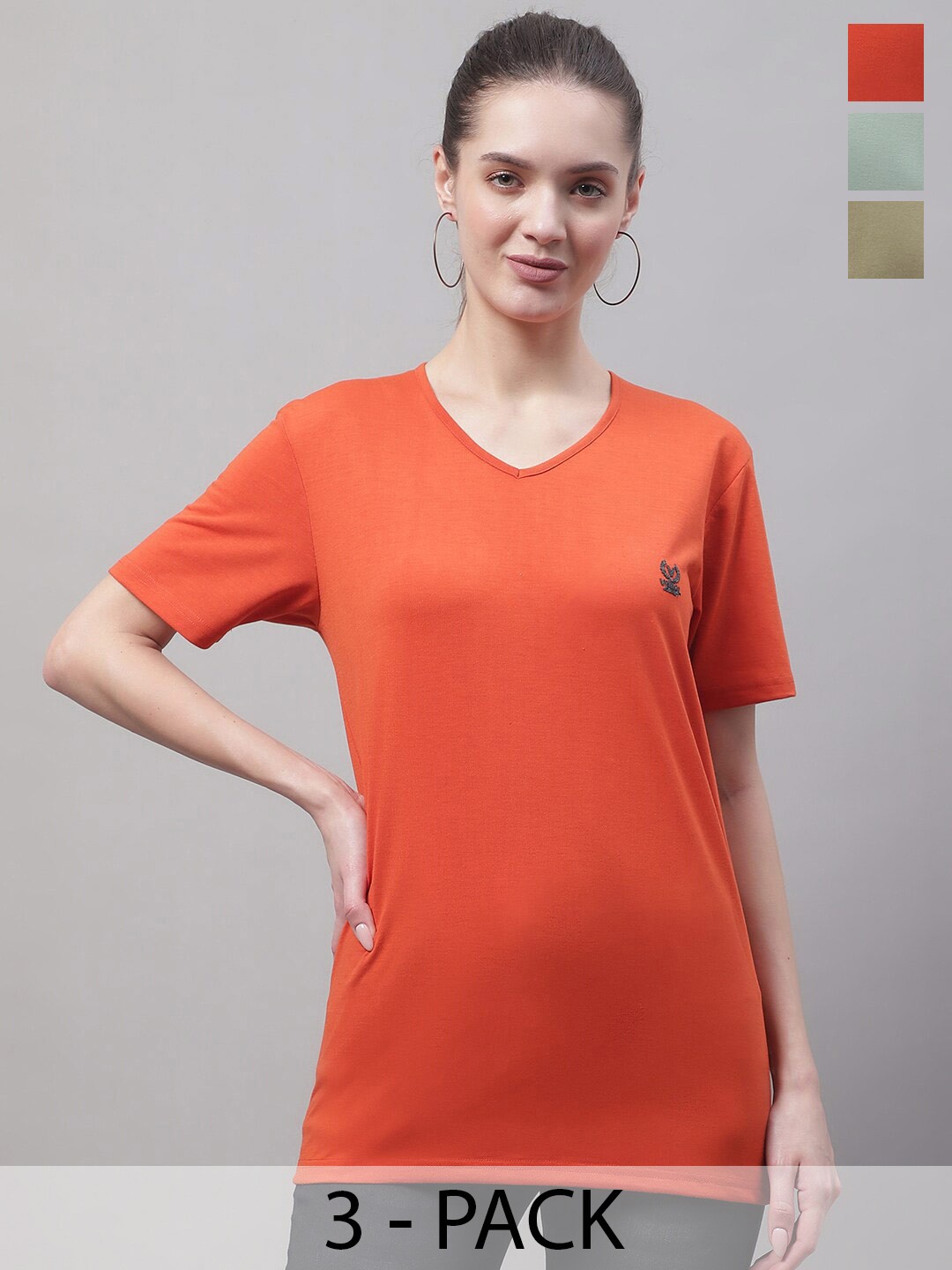 

VIMAL JONNEY Pack Of 3 V-Neck Cotton T-shirt, Orange