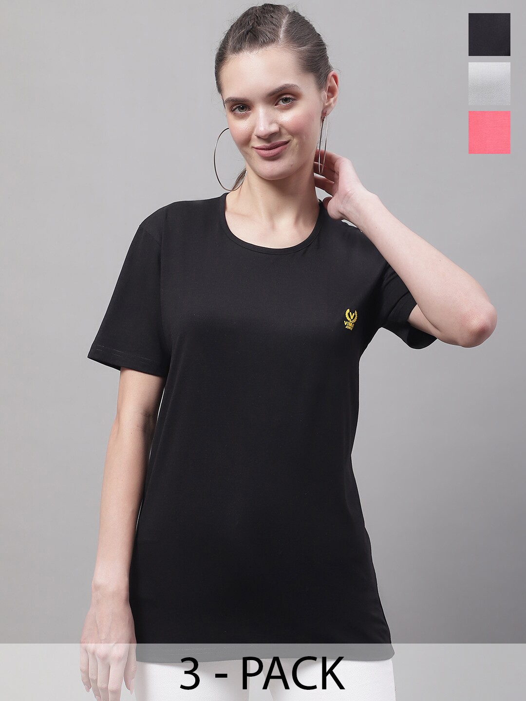 

VIMAL JONNEY Pack Of 3 Cotton T-shirts, Black