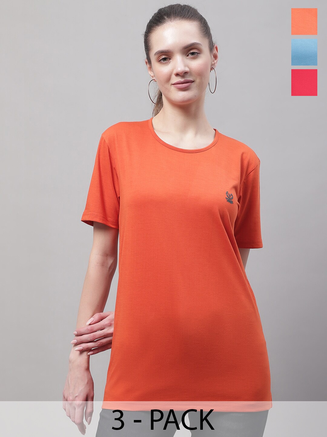

VIMAL JONNEY Pack Of 3 Round Neck Cotton T-shirt, Orange