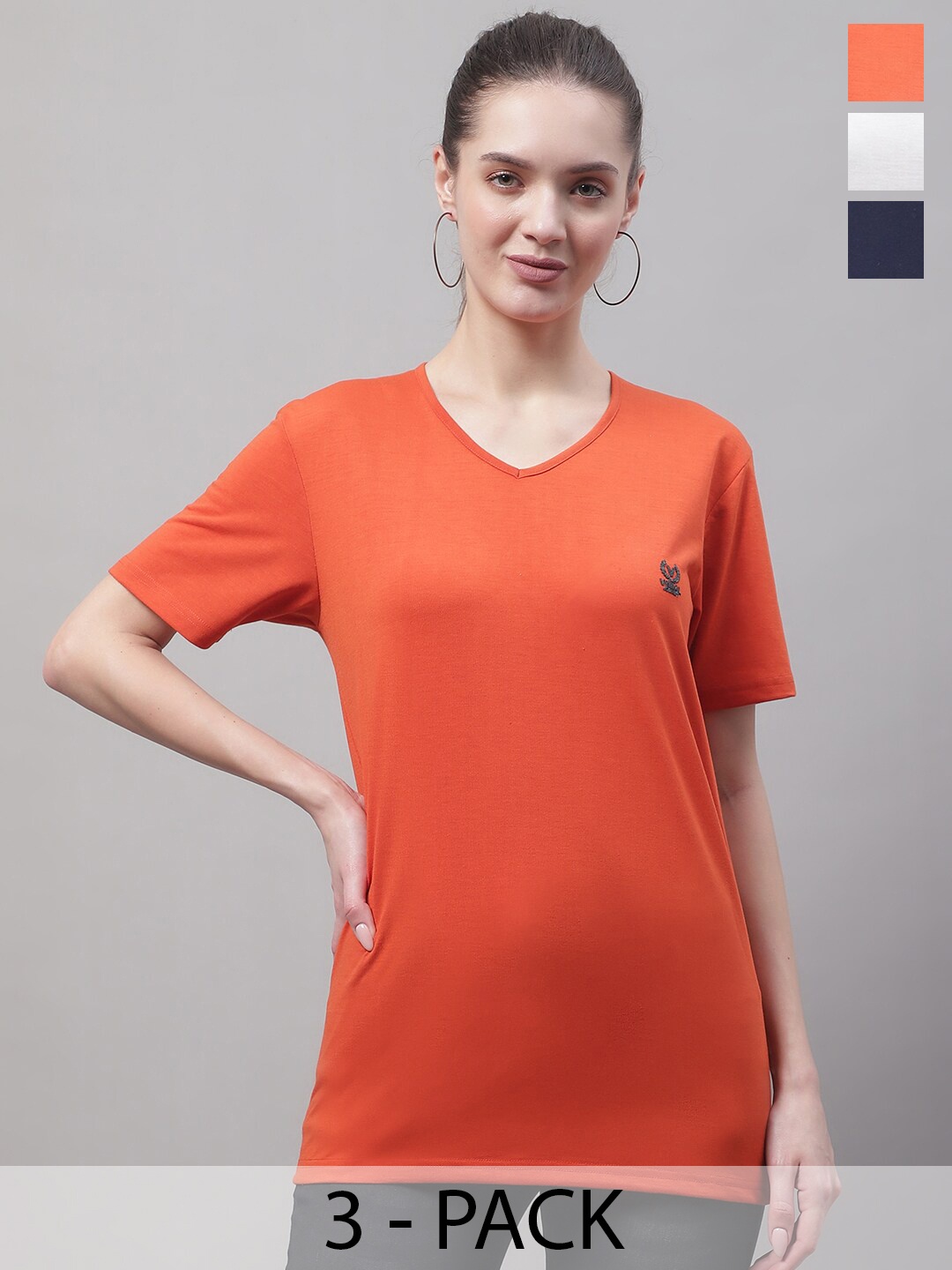 

VIMAL JONNEY Pack Of 3 V-Neck Cotton T-shirt, Orange