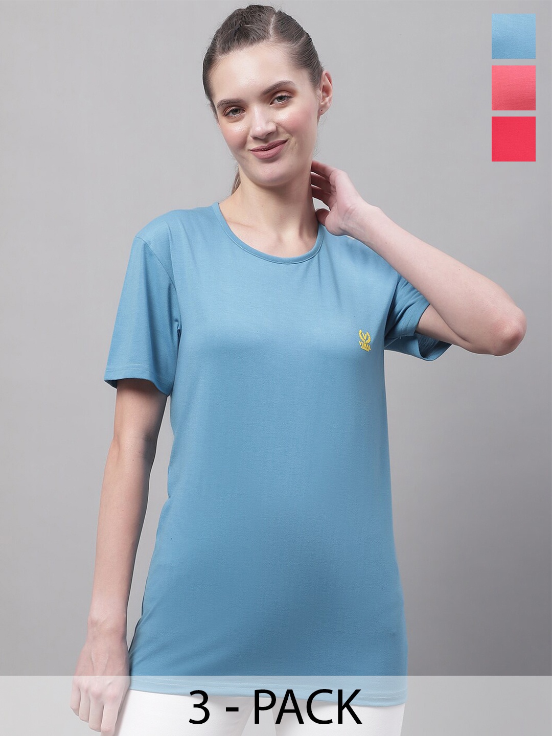 

VIMAL JONNEY Pack Of 3 Round Neck Cotton T-shirt, Blue
