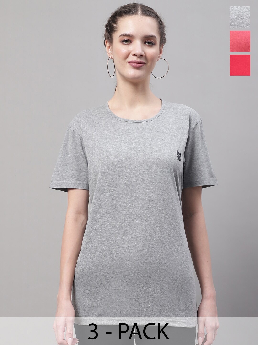 

VIMAL JONNEY Pack Of 3 Round Neck Cotton T-shirt, Grey