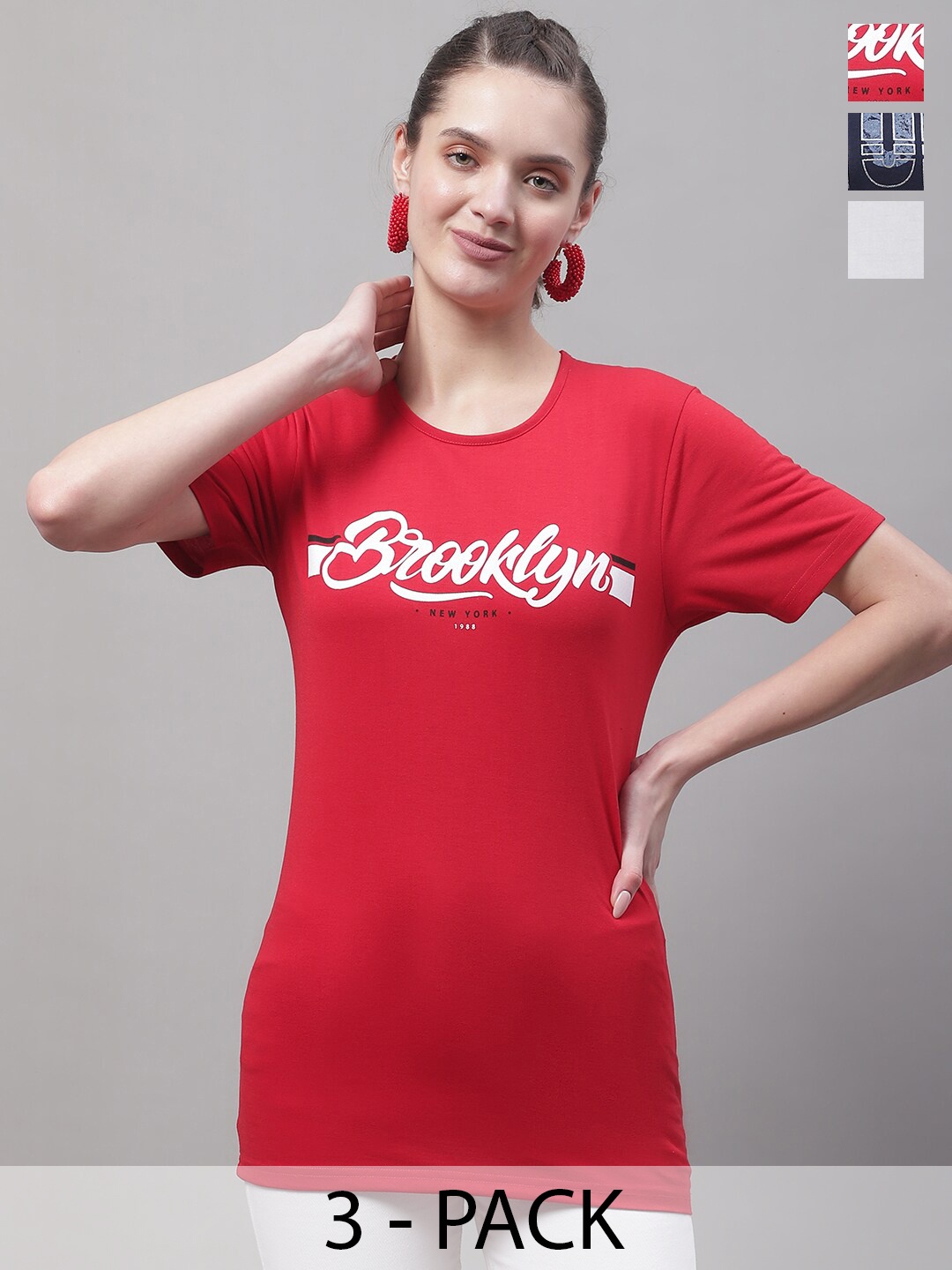 

MACK JONNEY Pack Of 3 Round Neck Cotton T-shirt, Red