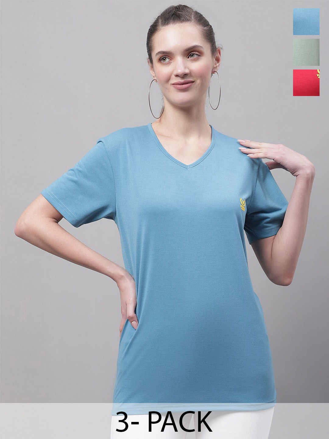 

VIMAL JONNEY Pack Of 3 V-Neck Cotton T-shirt, Blue