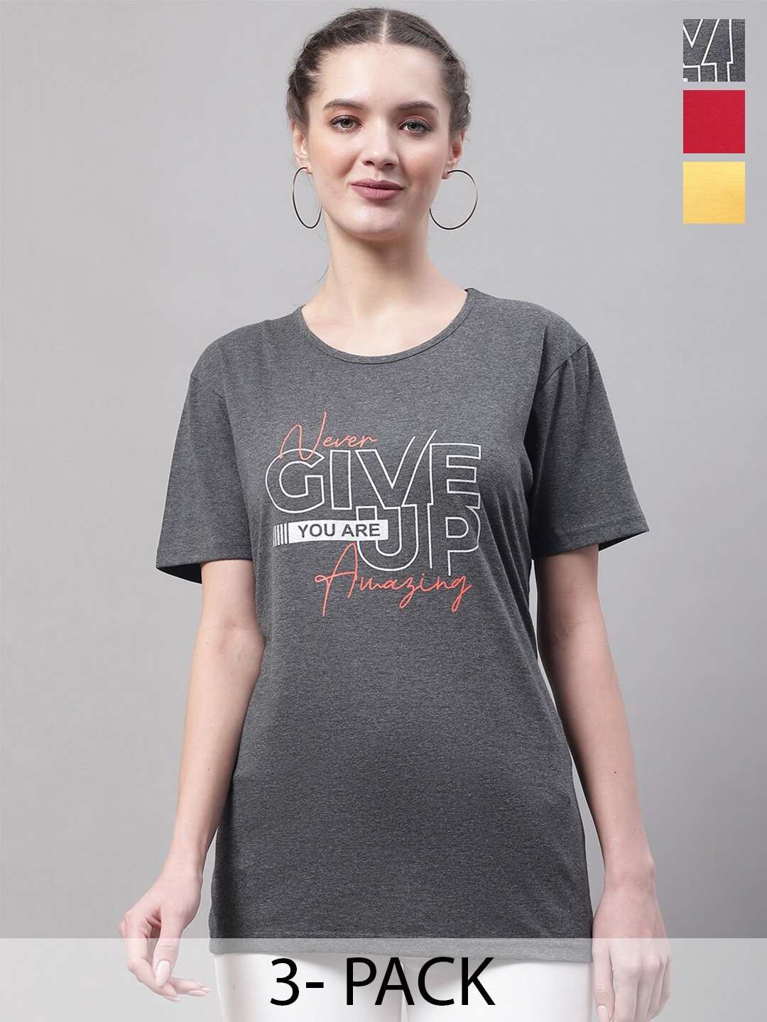 

MACK JONNEY Pack Of 3 Printed Round Neck Cotton T-shirts, Grey