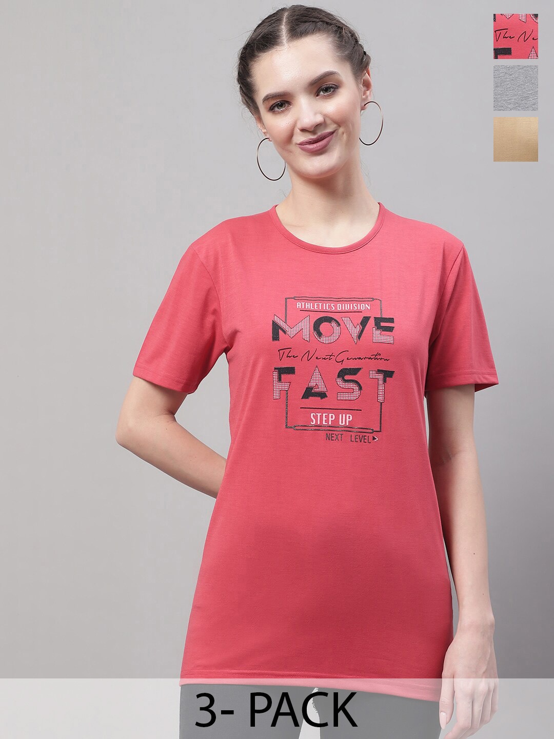 

MACK JONNEY Pack Of 3 Printed Round Neck Cotton T-shirts, Pink