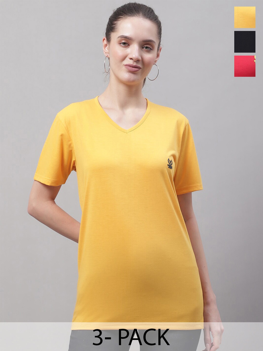 

VIMAL JONNEY Pack Of 3 V-Neck Cotton T-shirts, Yellow