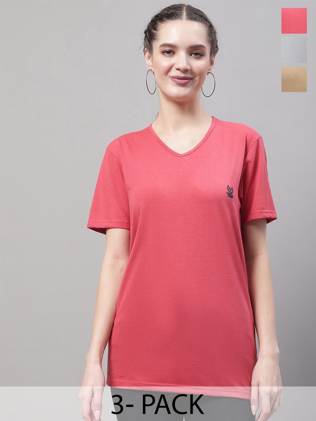

VIMAL JONNEY Pack Of 3 V-Neck Cotton T-shirt, Pink