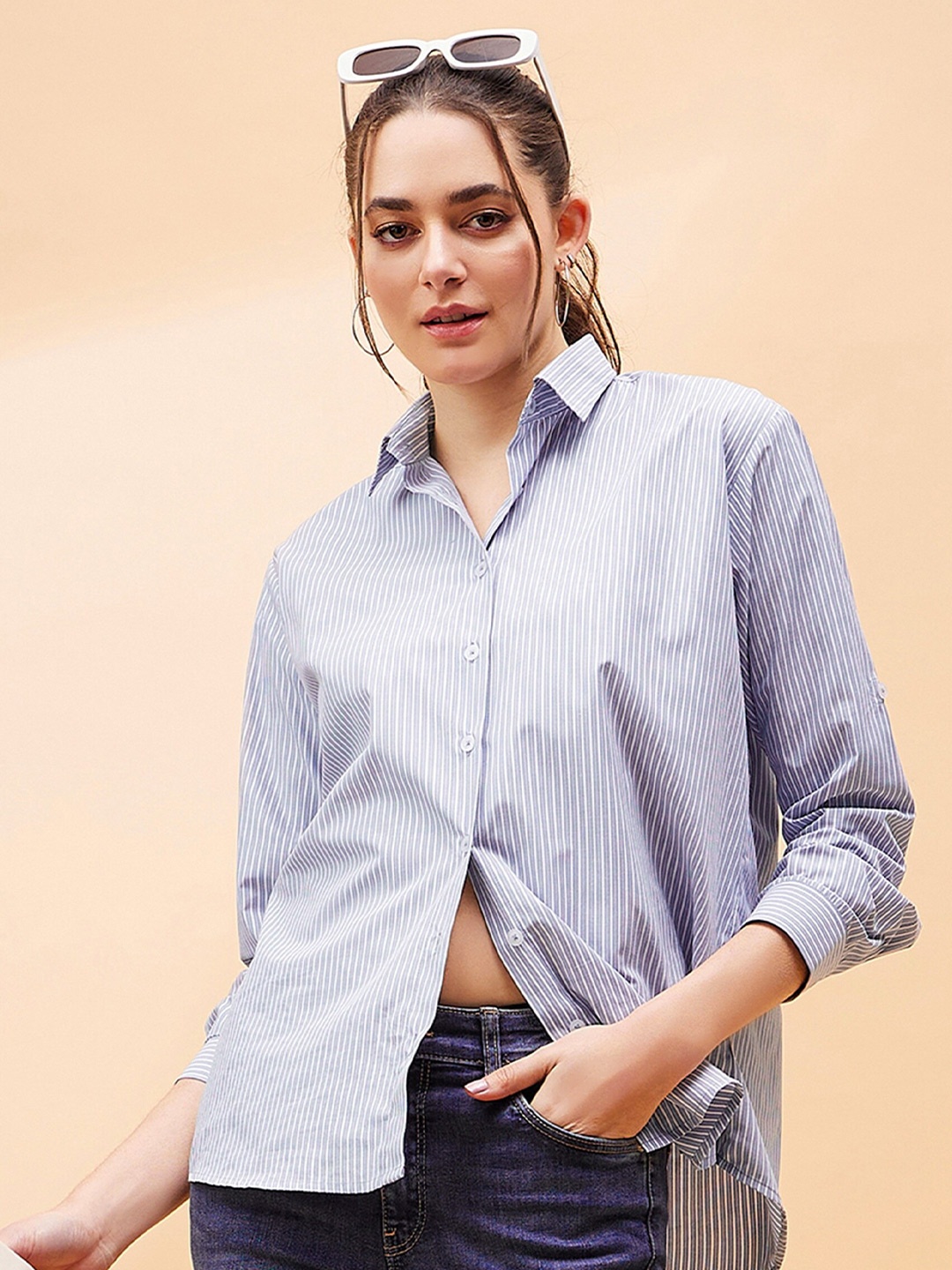 

SASSAFRAS BASICS Comfort Striped Spread Collar Long Sleeves Casual Shirt, Blue