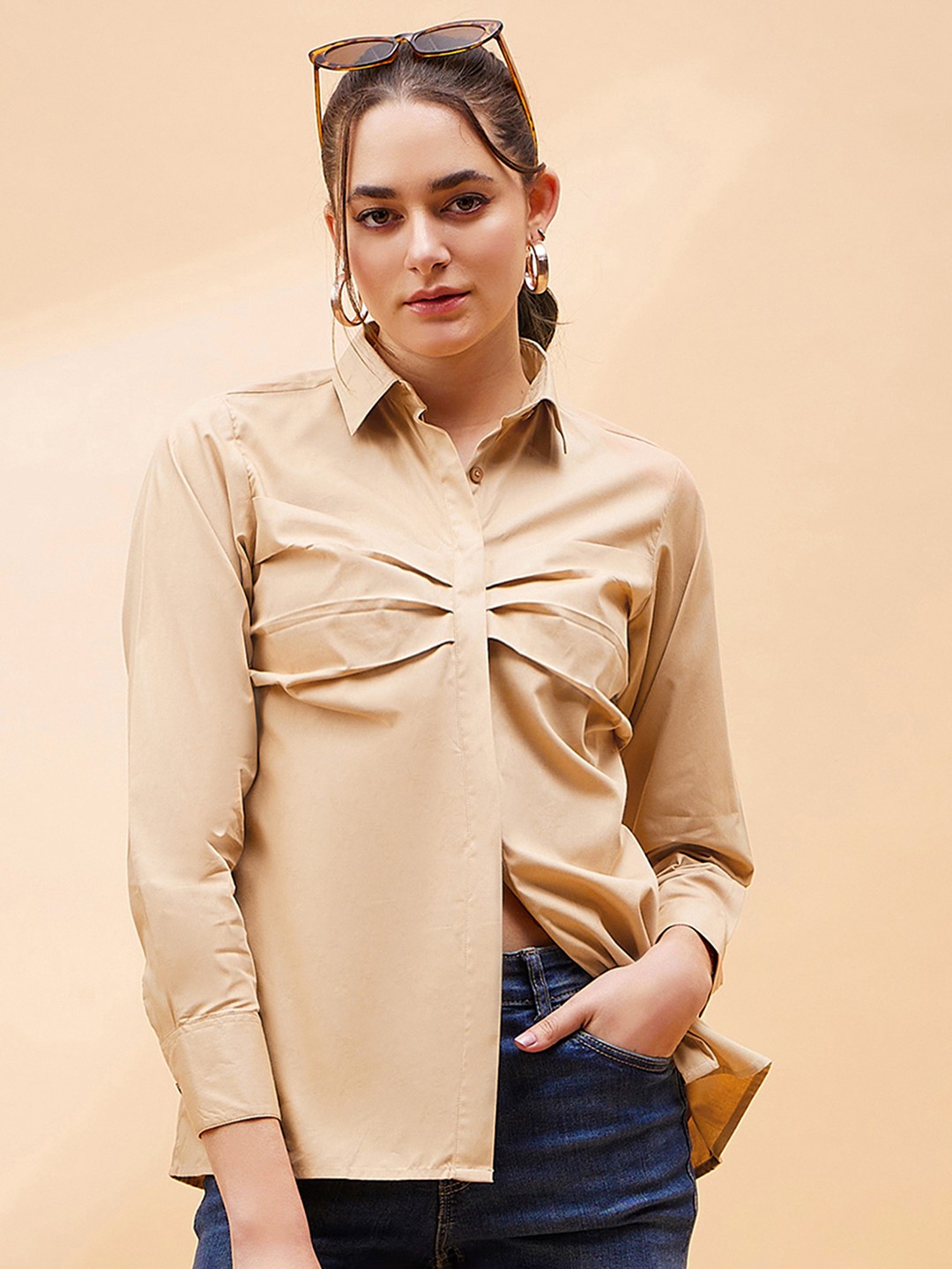 

SASSAFRAS BASICS Comfort Spread Collar Long Sleeves Cotton Casual Shirt, Beige