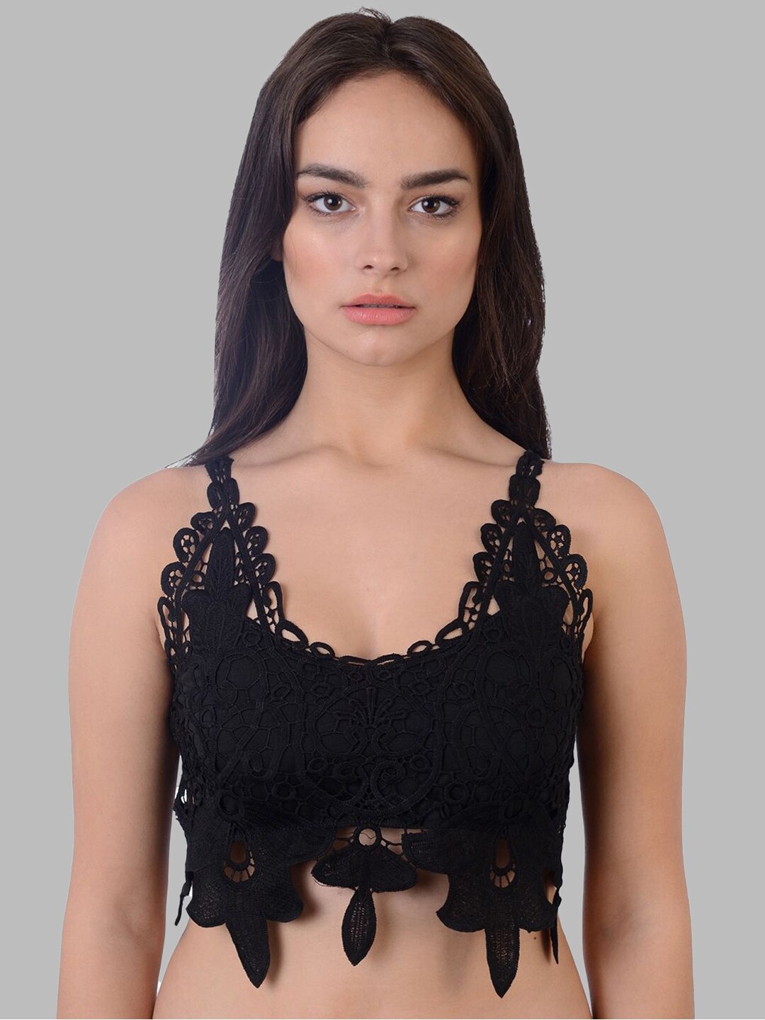 

FIMBUL Floral Lace Half Coverage Lightly Padded Bralette Bra, Black