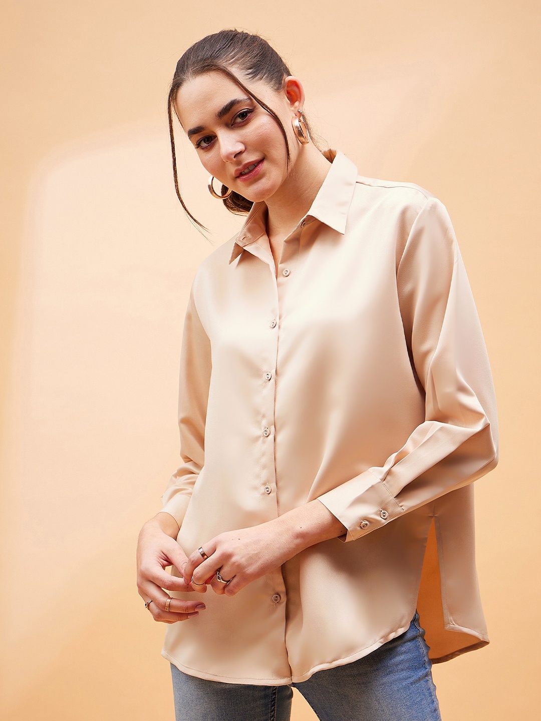 

SASSAFRAS BASICS Spread Collar Long Sleeves Comfort Oversized Casual Shirt, Beige