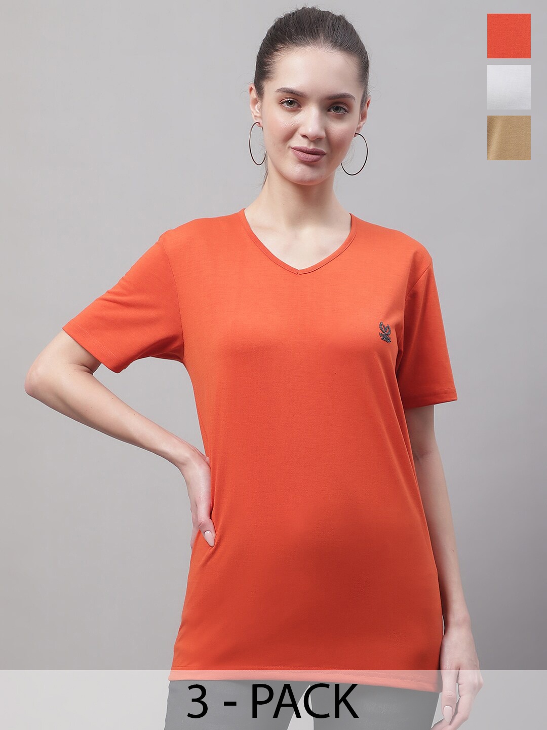 

VIMAL JONNEY Selection of 3 V-Neck Short Sleeves Cotton Regular Fit T-shirt, Orange