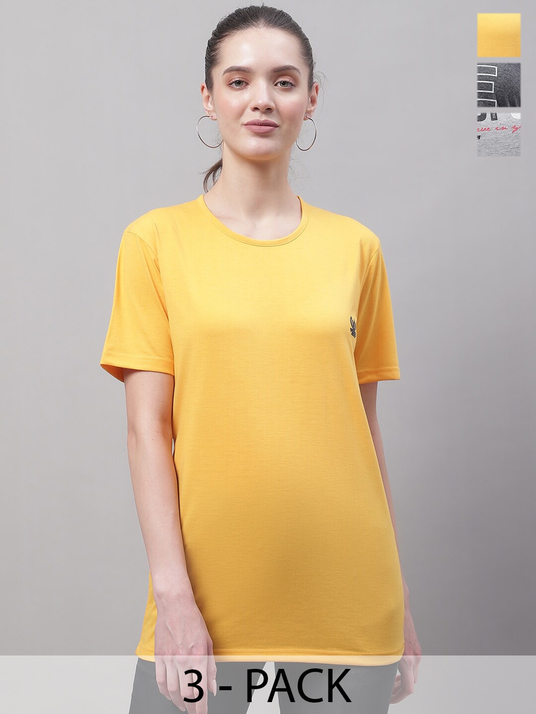 

MACK JONNEY Pack Of 3 Round Neck Cotton Regular T Shirts, Yellow