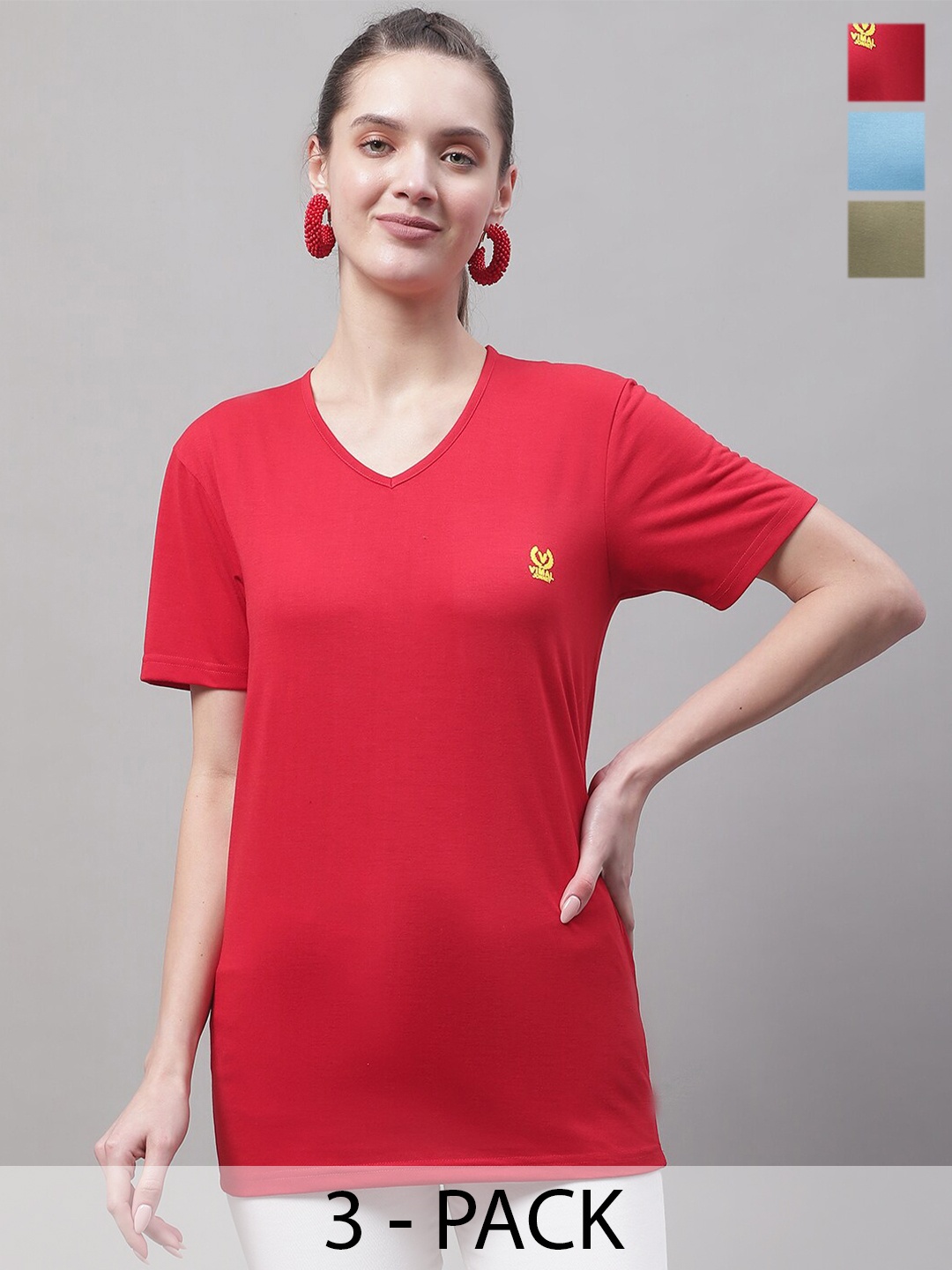 

VIMAL JONNEY Pack Of 3 V-Neck Short Sleeves Cotton T-shirt, Red