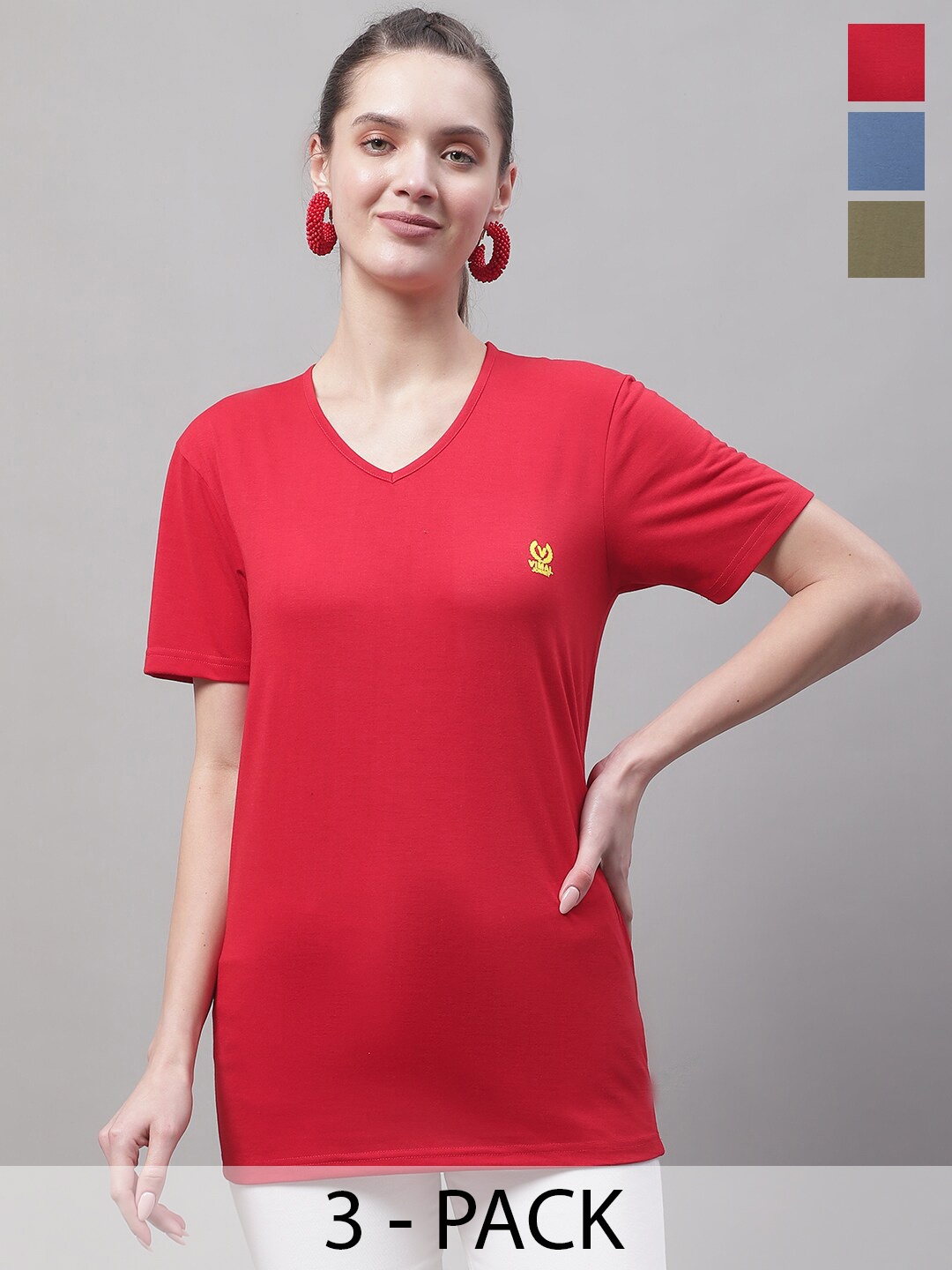 

VIMAL JONNEY Pack Of 3 V-Neck Cotton T-shirt, Red