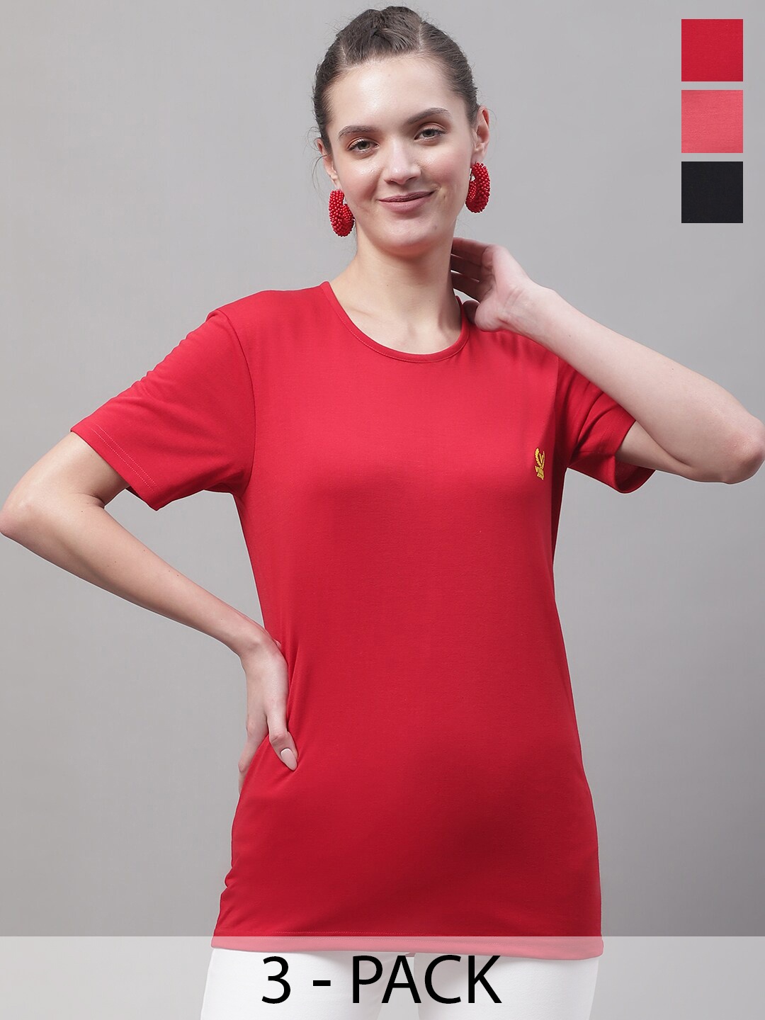 

VIMAL JONNEY Pack Of 3 Round Neck Cotton T-shirt, Red