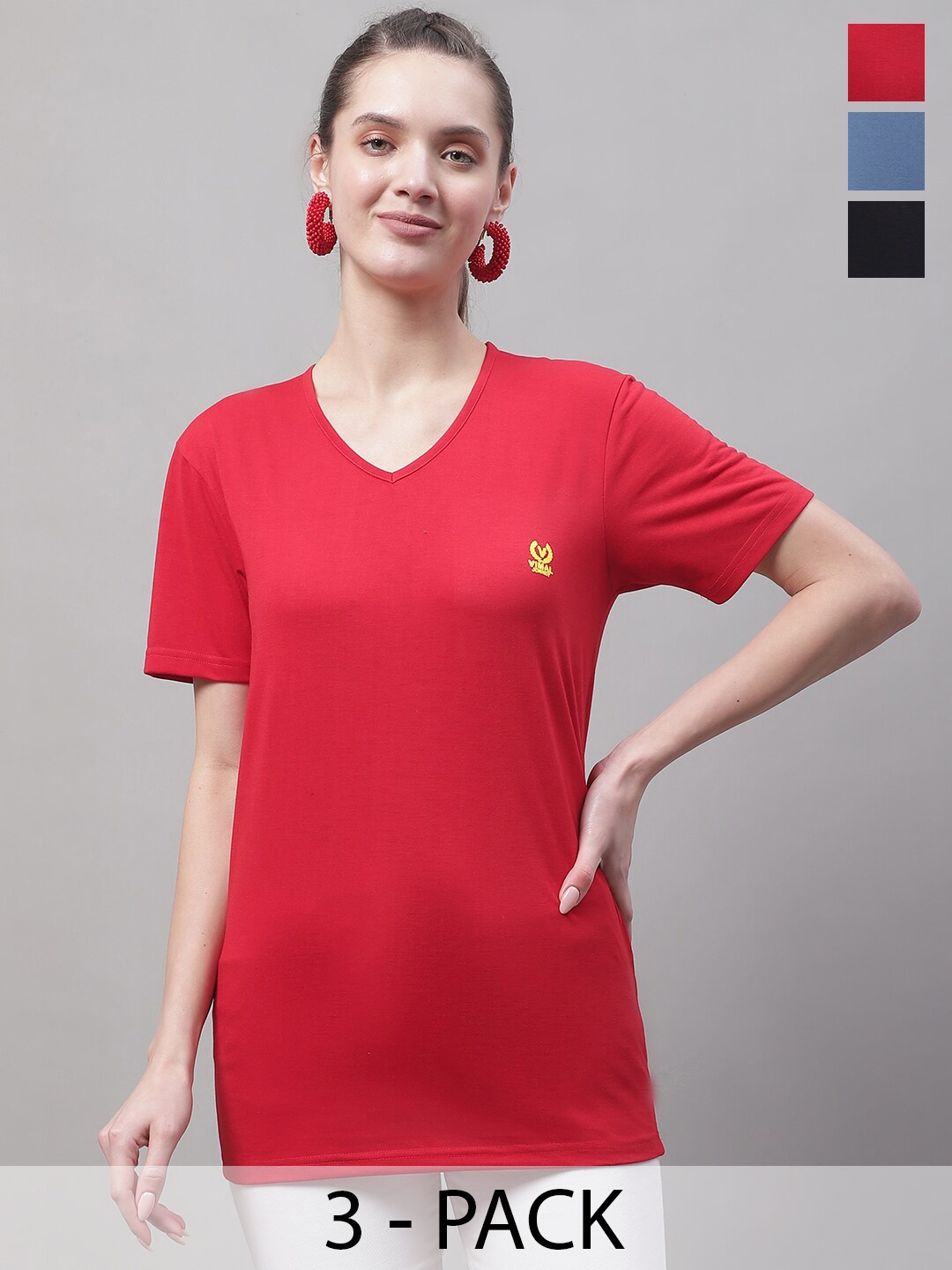 

VIMAL JONNEY Pack Of 3 V-Neck Cotton T-shirt, Red