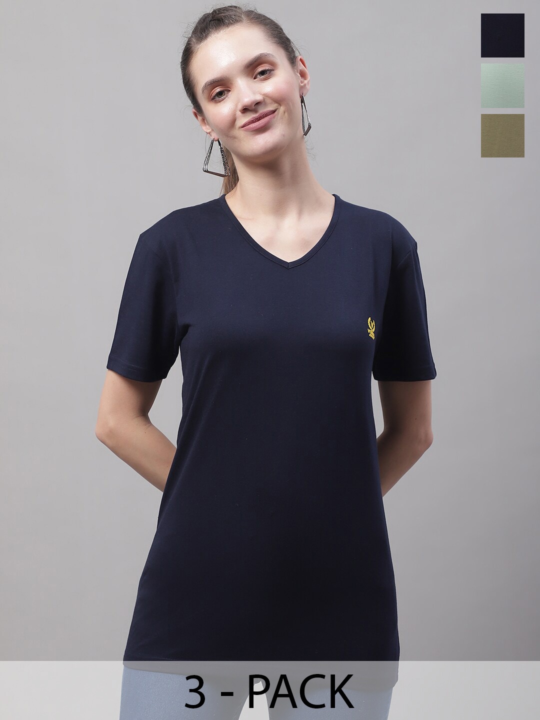

VIMAL JONNEY Pack Of 3 V-Neck Cotton T-shirt, Navy blue