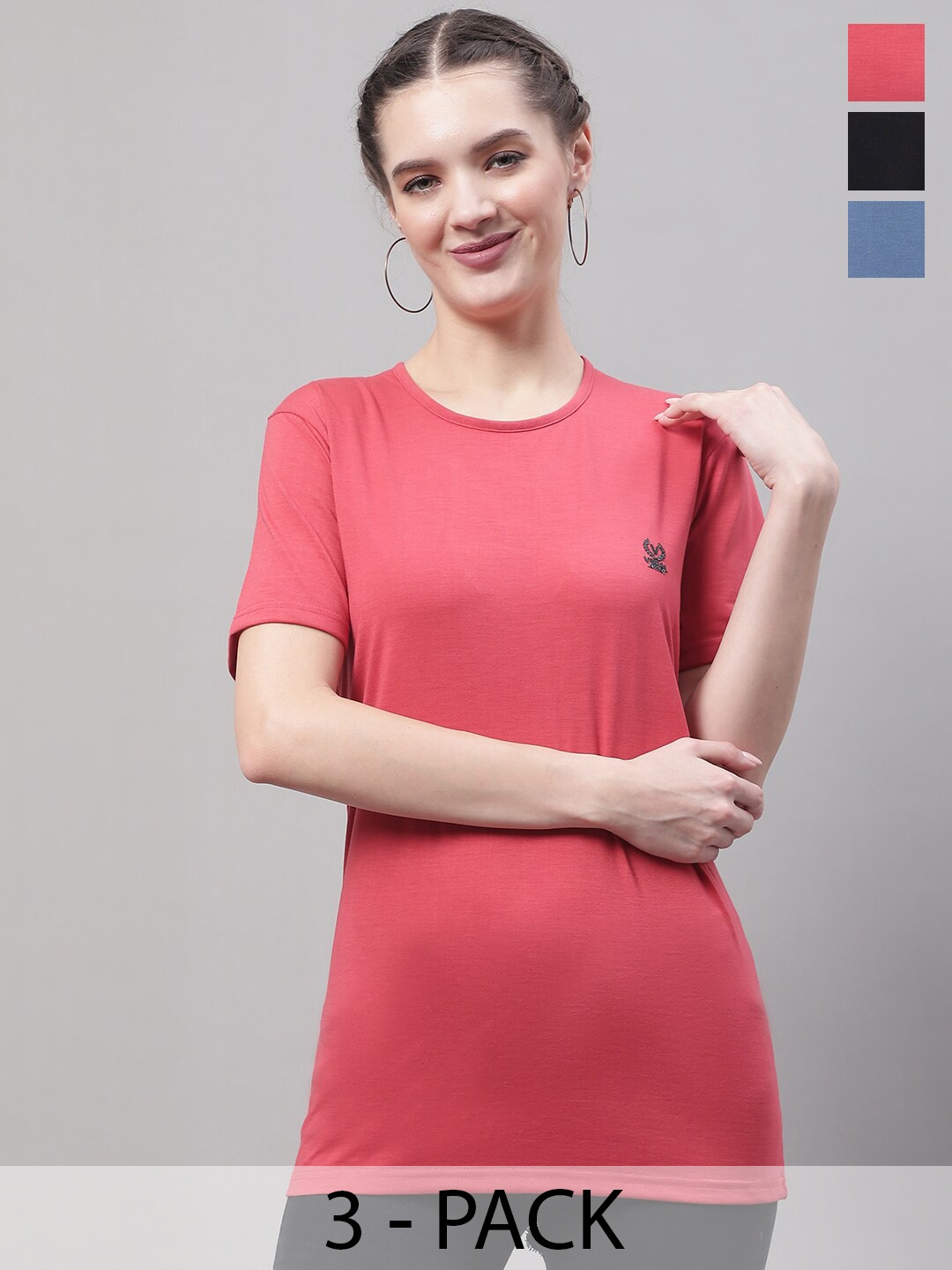 

VIMAL JONNEY Pack Of 3 Round Neck Cotton Regular T Shirts, Red