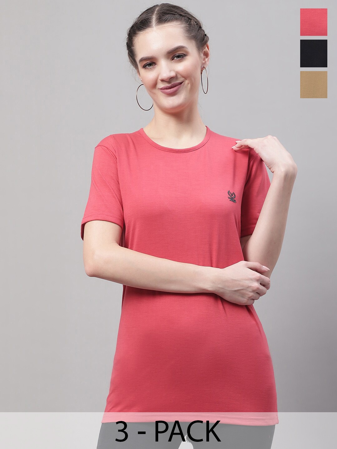 

VIMAL JONNEY Pack Of 3 Round Neck Cotton T-shirt, Pink