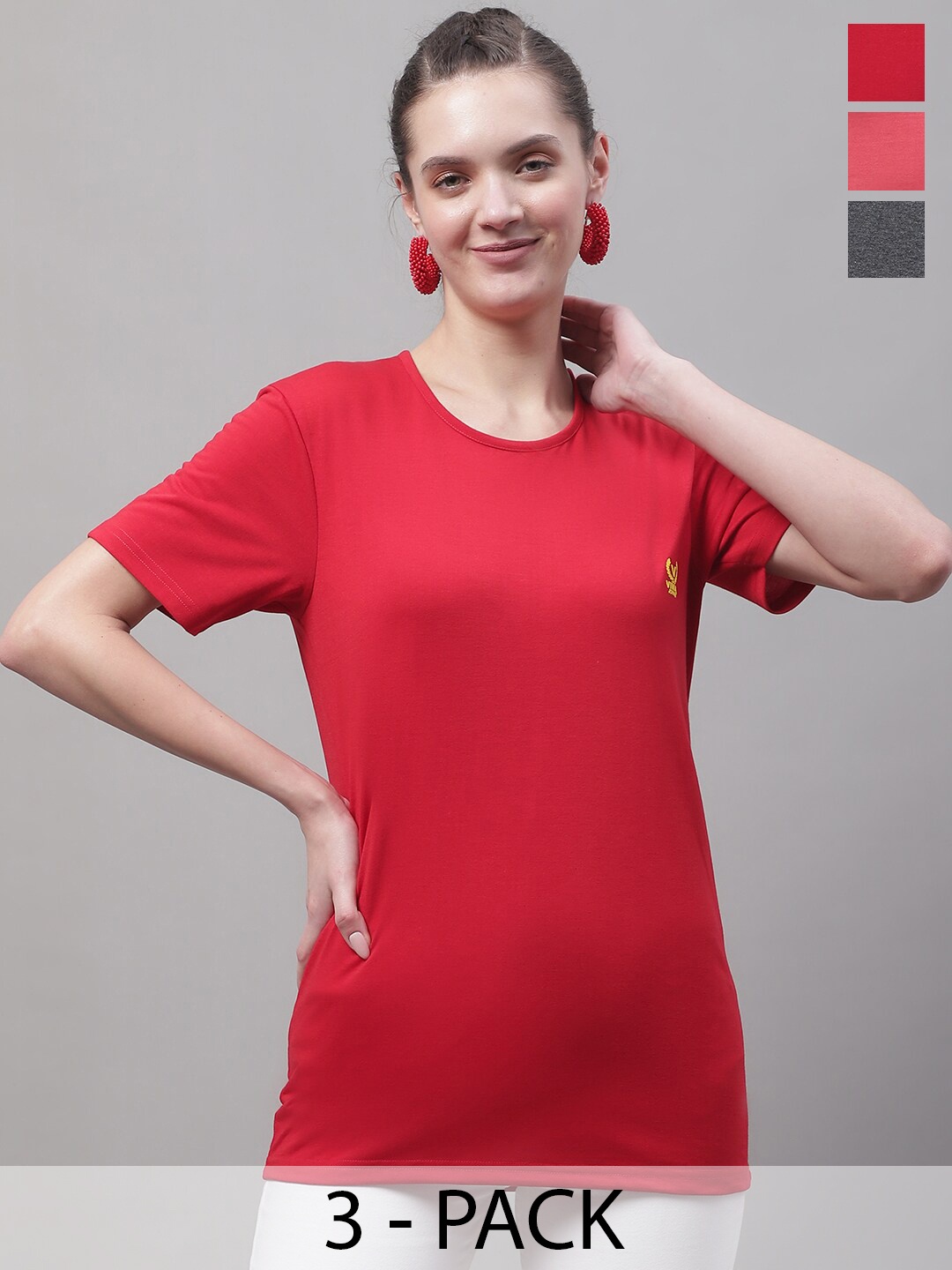 

VIMAL JONNEY Pack Of 3 Round Neck Cotton T-shirt, Red