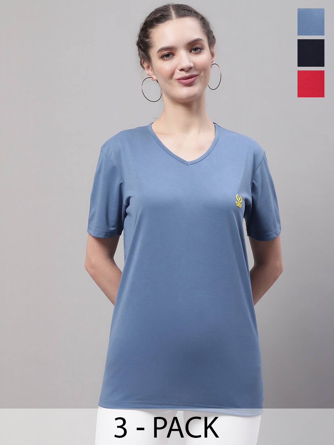 

VIMAL JONNEY Pack Of 3 V Neck Cotton T-shirts, Blue