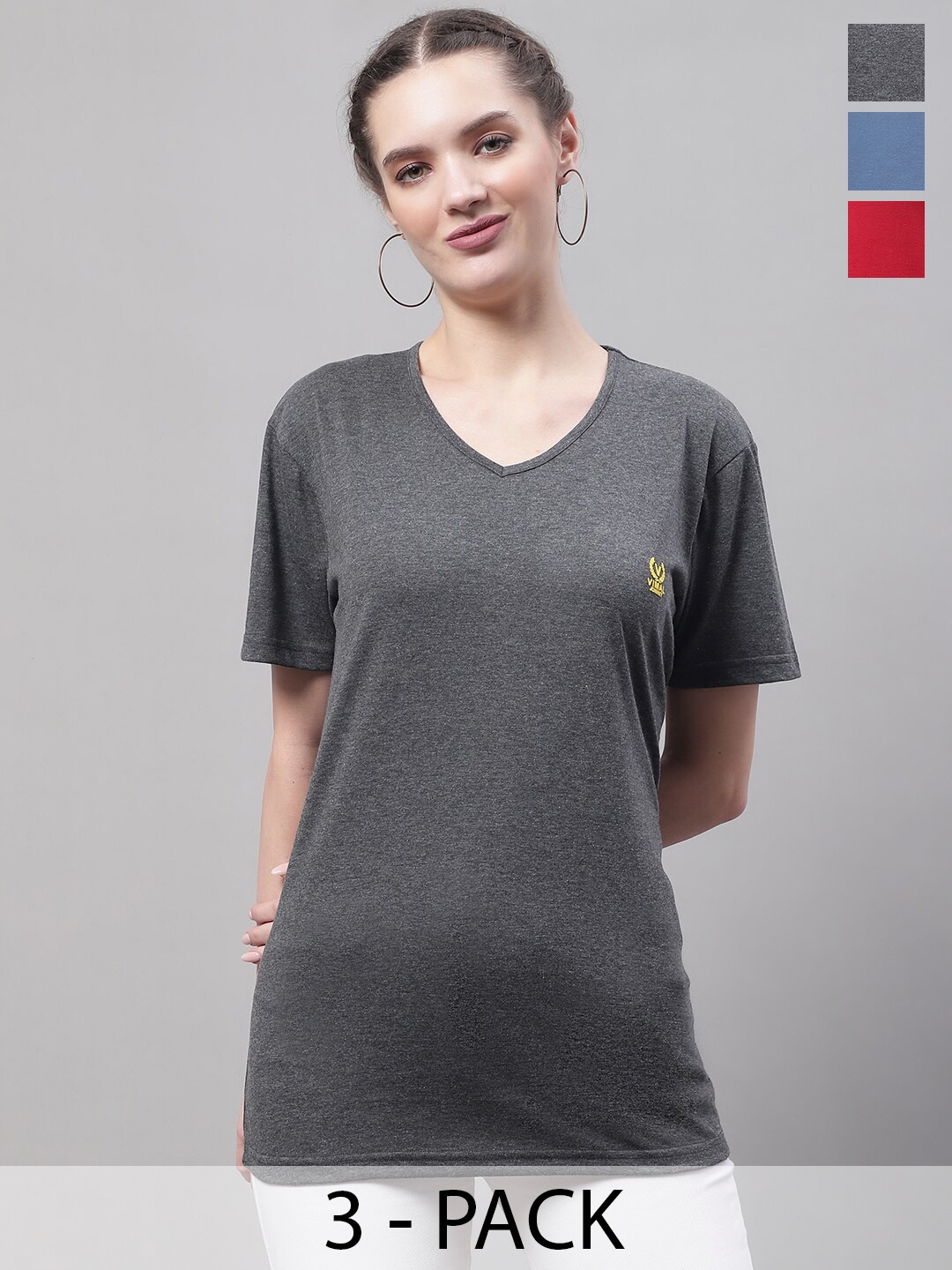 

VIMAL JONNEY Pack Of 3 V-Neck Cotton T-shirt, Grey