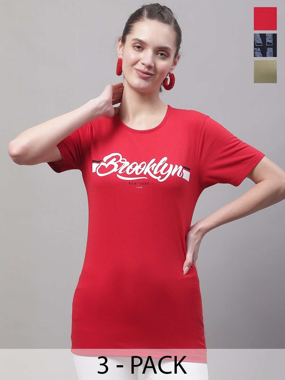 

MACK JONNEY Pack Of 3 Typography Printed Cotton T-shirt, Red