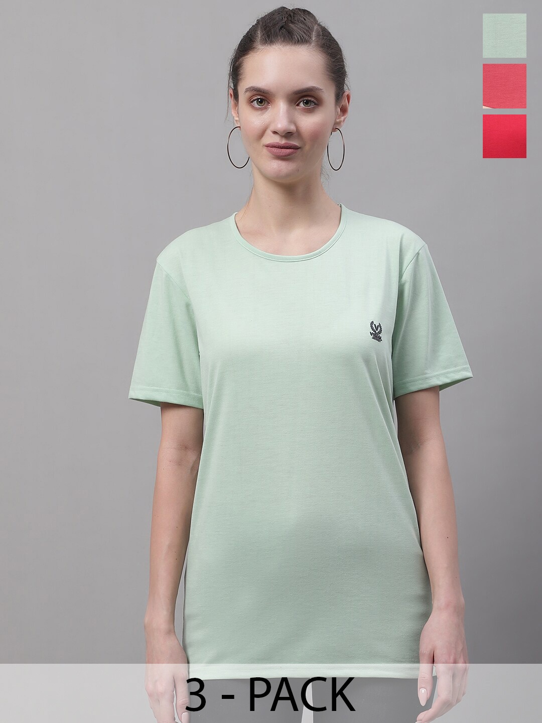 

VIMAL JONNEY Pack Of 3 Round Neck Longline Cotton T-shirts, Green