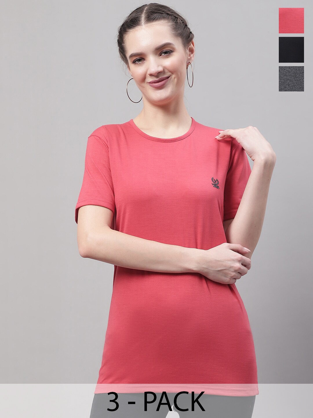 

VIMAL JONNEY Pack Of 3 Round Neck Cotton Regular T Shirts, Red