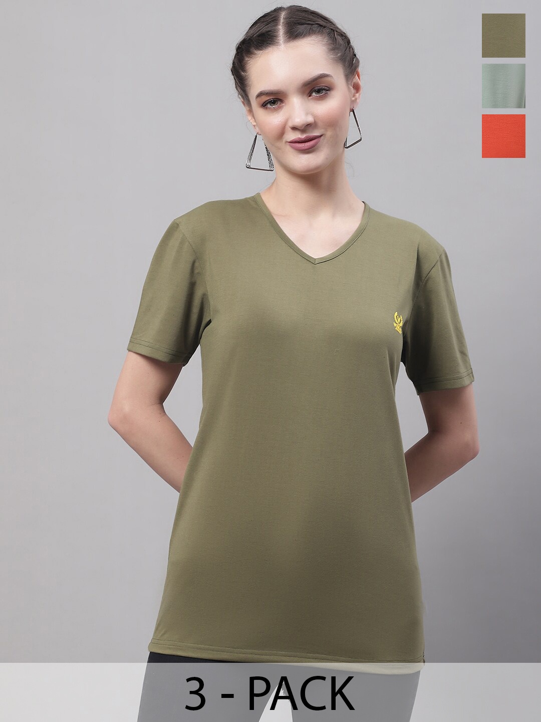 

VIMAL JONNEY Pack Of 3 V-Neck Cotton T-shirt, Olive