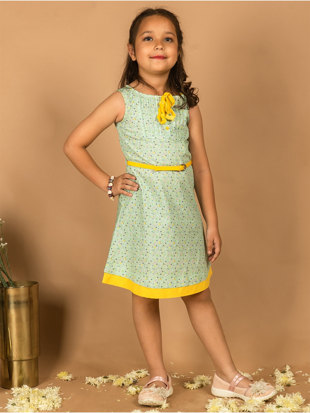 

HERE&NOW Girls Floral Print A-Line Cotton Dress With Belt, Green