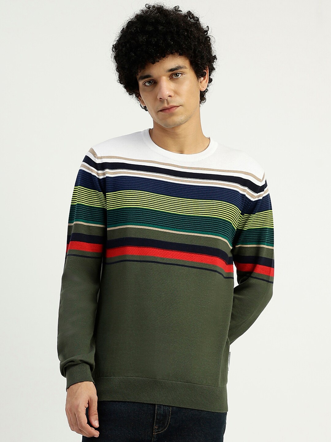 

United Colors of Benetton Striped Pure Cotton Pullover Sweater, Green