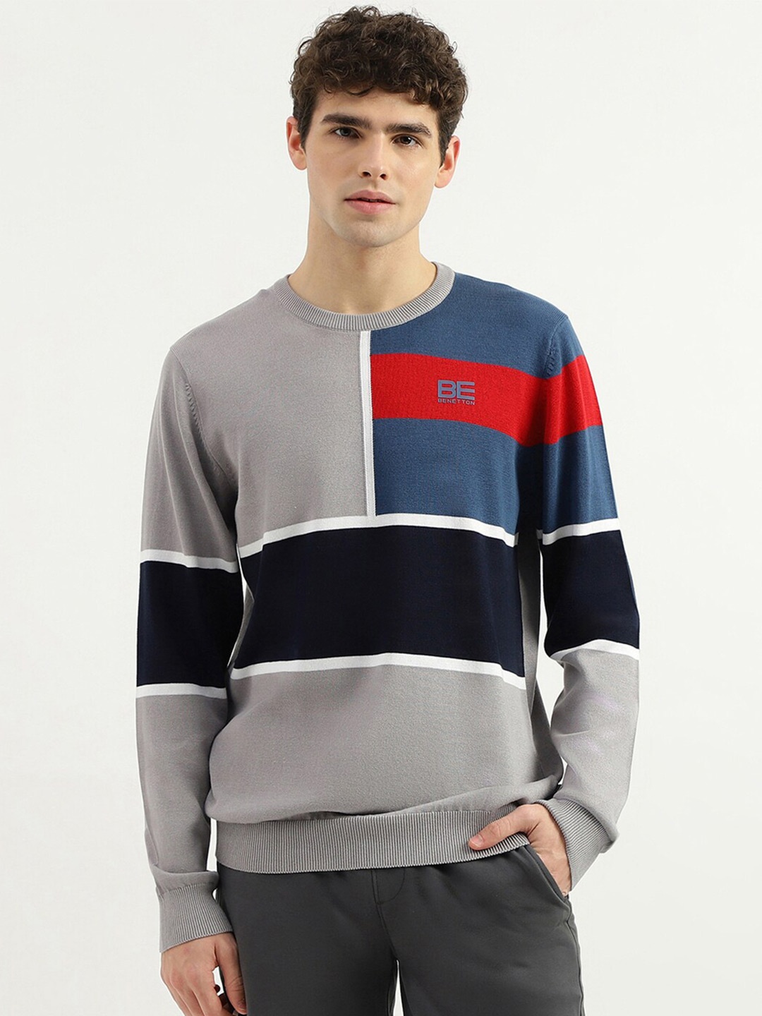 

United Colors of Benetton Colourblocked Pullover Pure Cotton Pullover Sweater, Grey