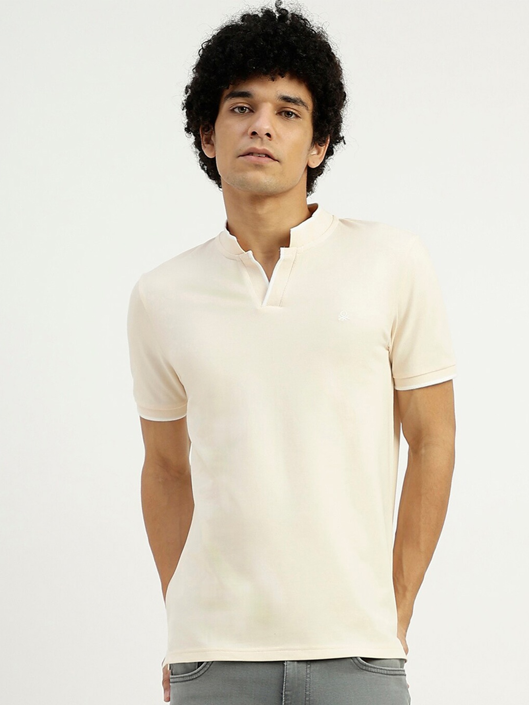 United Colors of Benetton Mandarin Collar Cotton T-shirt, Cream
