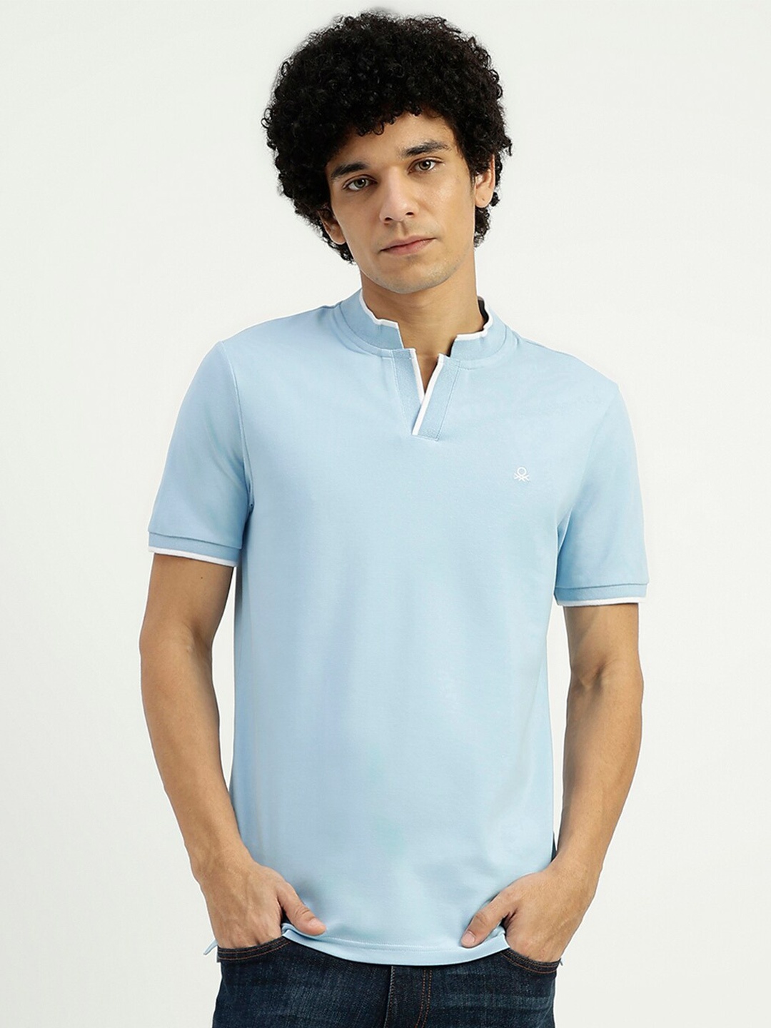 United Colors of Benetton Mandarin Collar Cotton T-shirt, Blue