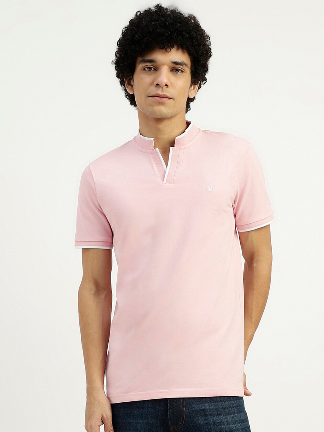 

United Colors of Benetton Mandarin Collar Short Sleeves Cotton T-shirt, Pink