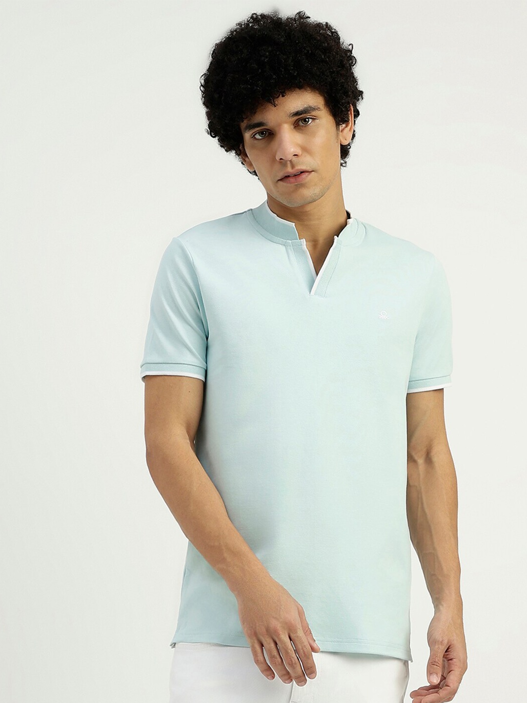 

United Colors of Benetton Mandarin Collar Short Sleeves Cotton T-shirt, Blue