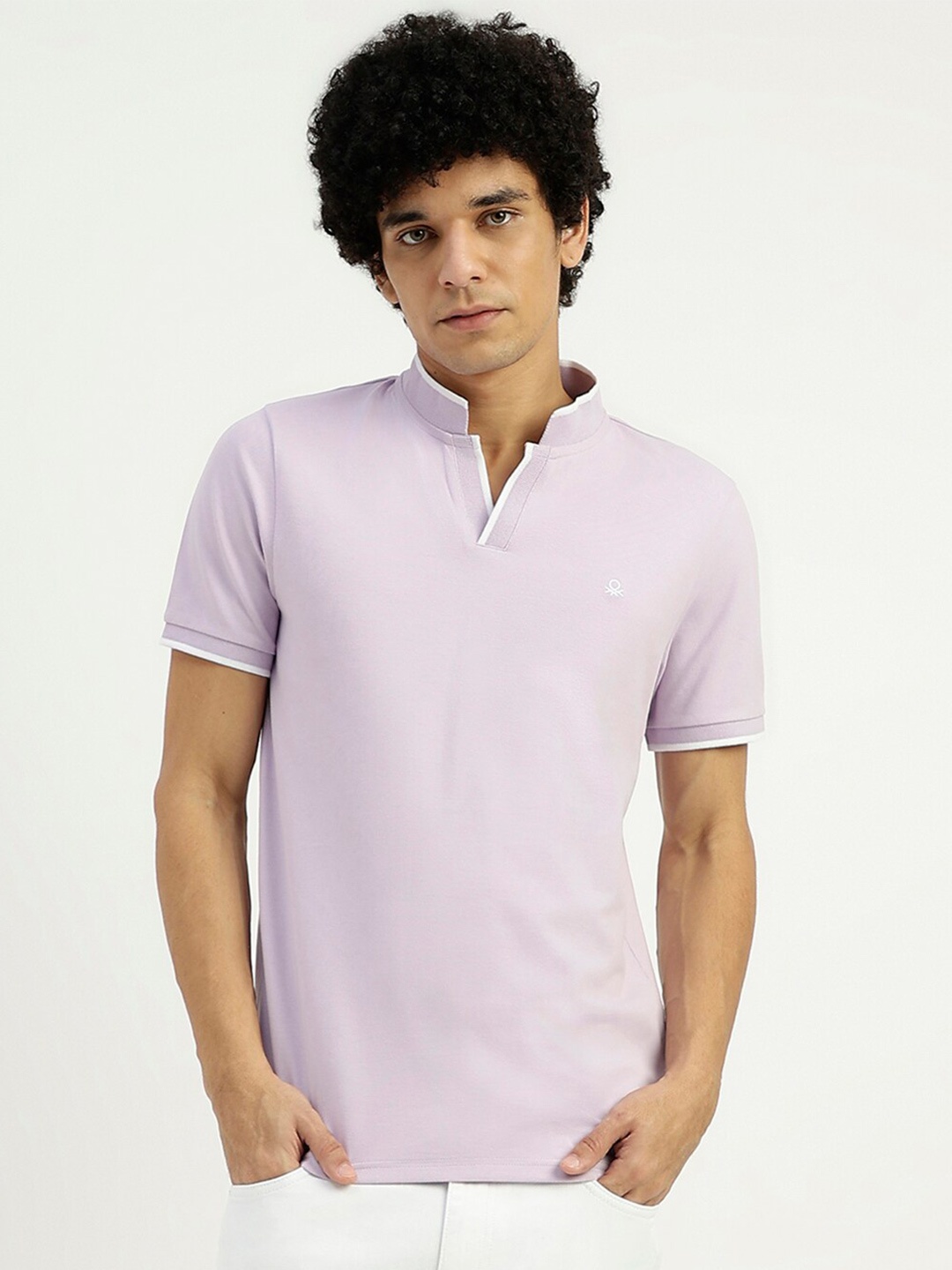

United Colors of Benetton Mandarin Collar Cotton T-shirt, Purple