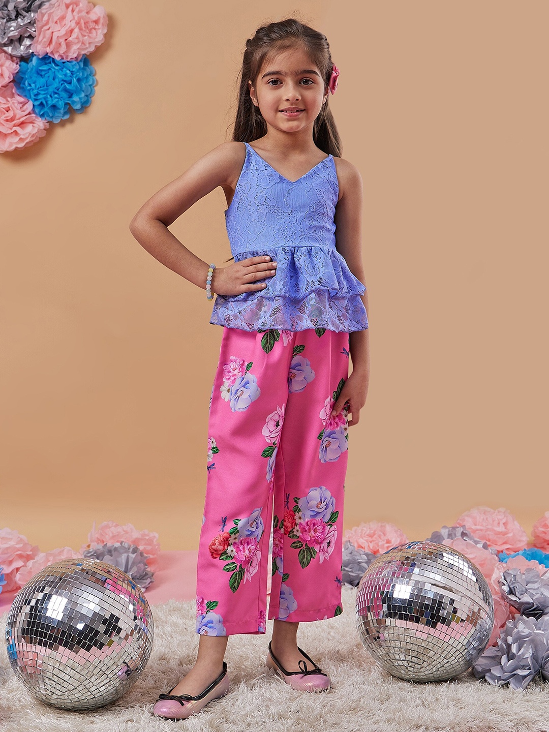 

pspeaches Girls Floral Printed Top with Trousers, Blue