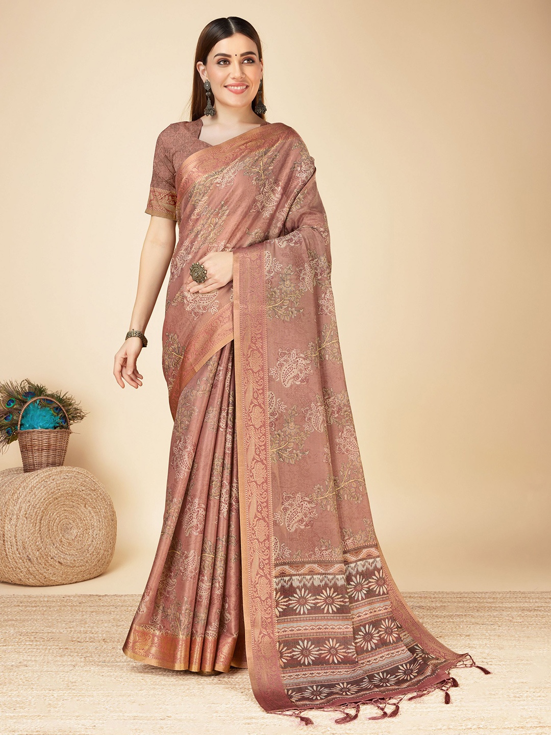 

Mitera Floral Pure Silk Zari Saree, Rust