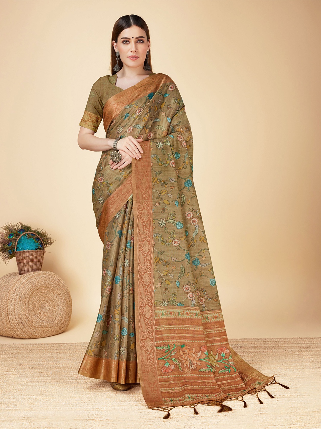 

Mitera Floral Printed Zari Pure Silk Saree, Green