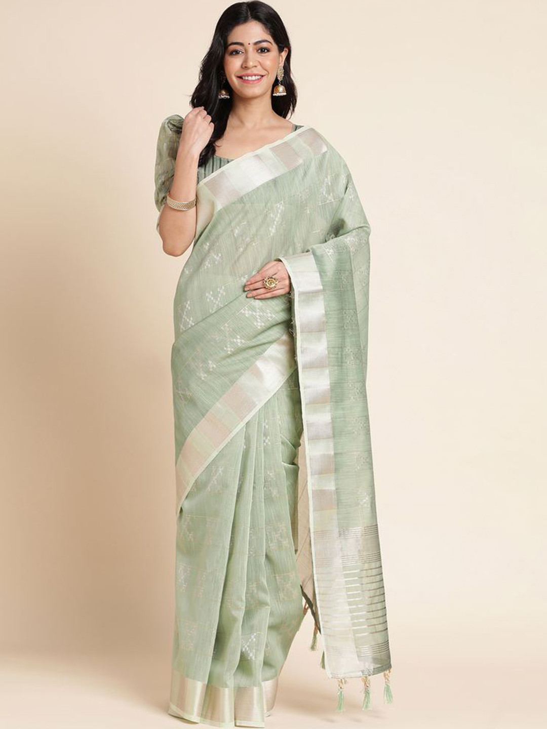 

Mitera Striped Woven Design Zari Organza Saree, Green