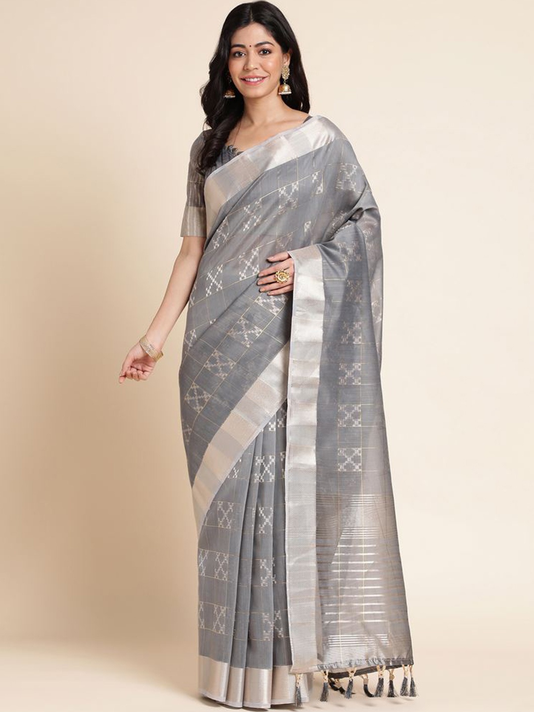 

Mitera Striped Woven Design Zari Organza Saree, Grey