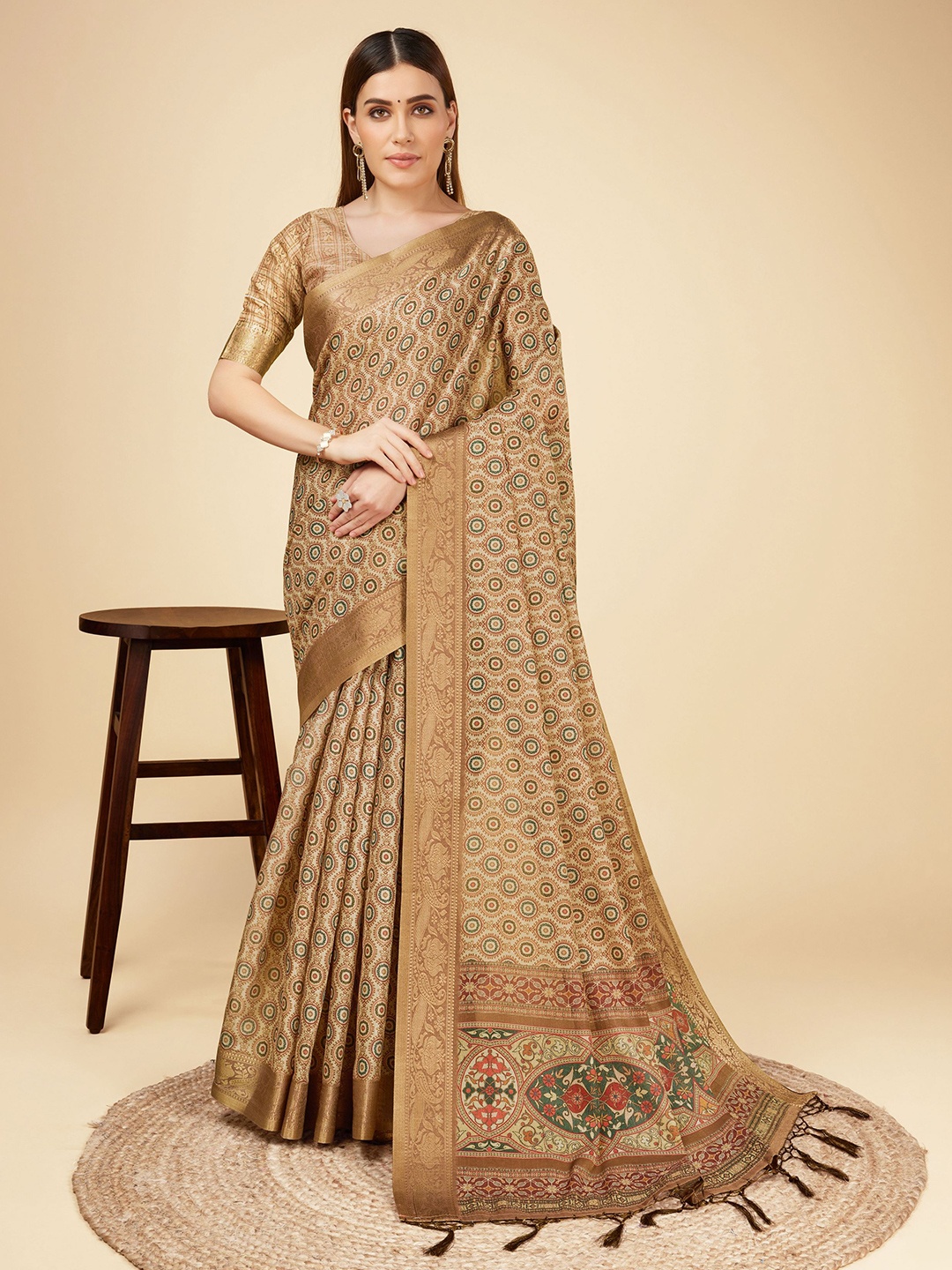 

Mitera Ethnic Motifs Printed Zari Pure Silk Saree, Brown