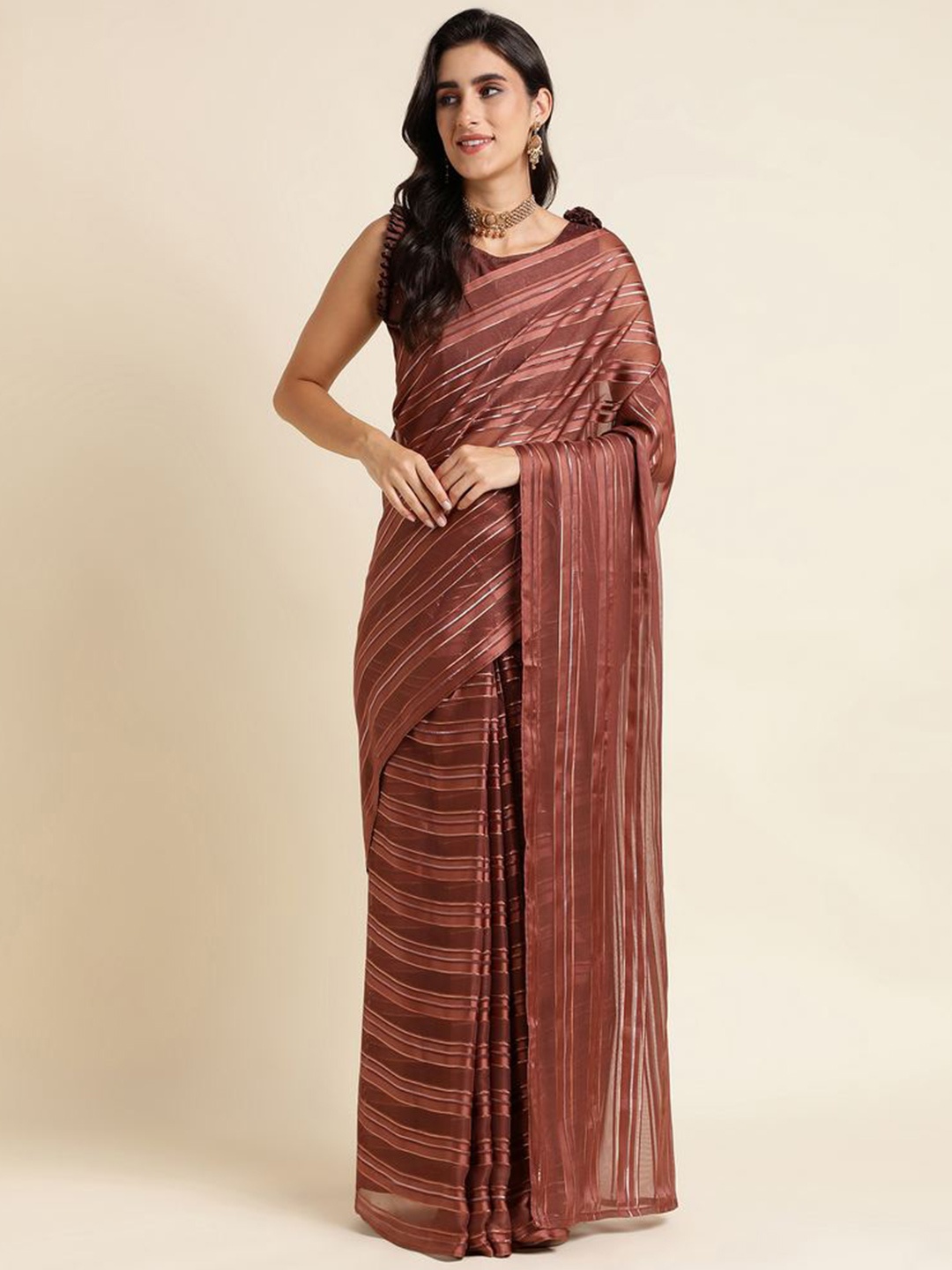 

Mitera Striped Pure Georgette Ready to Wear Saree, Brown